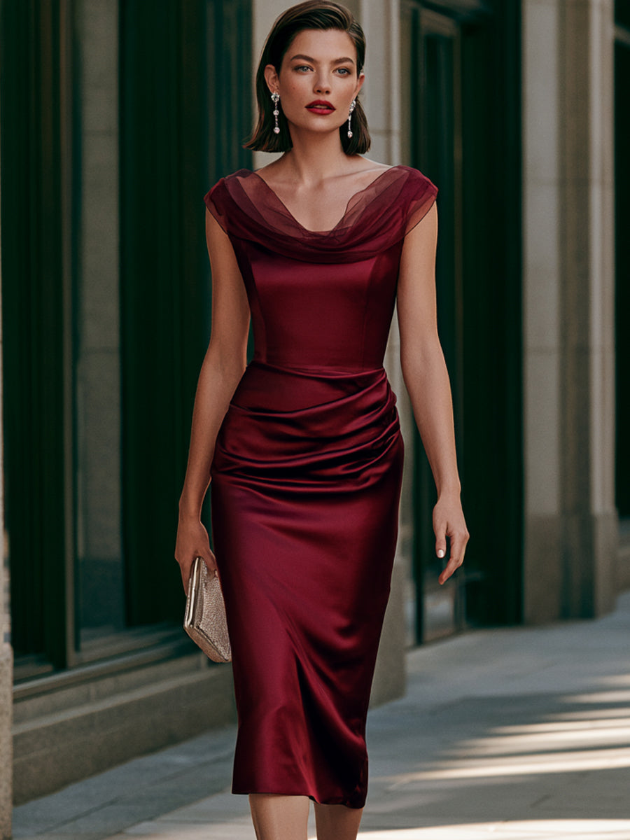 Burgundy Satin Midi Dress With Sheer Draped Neckline