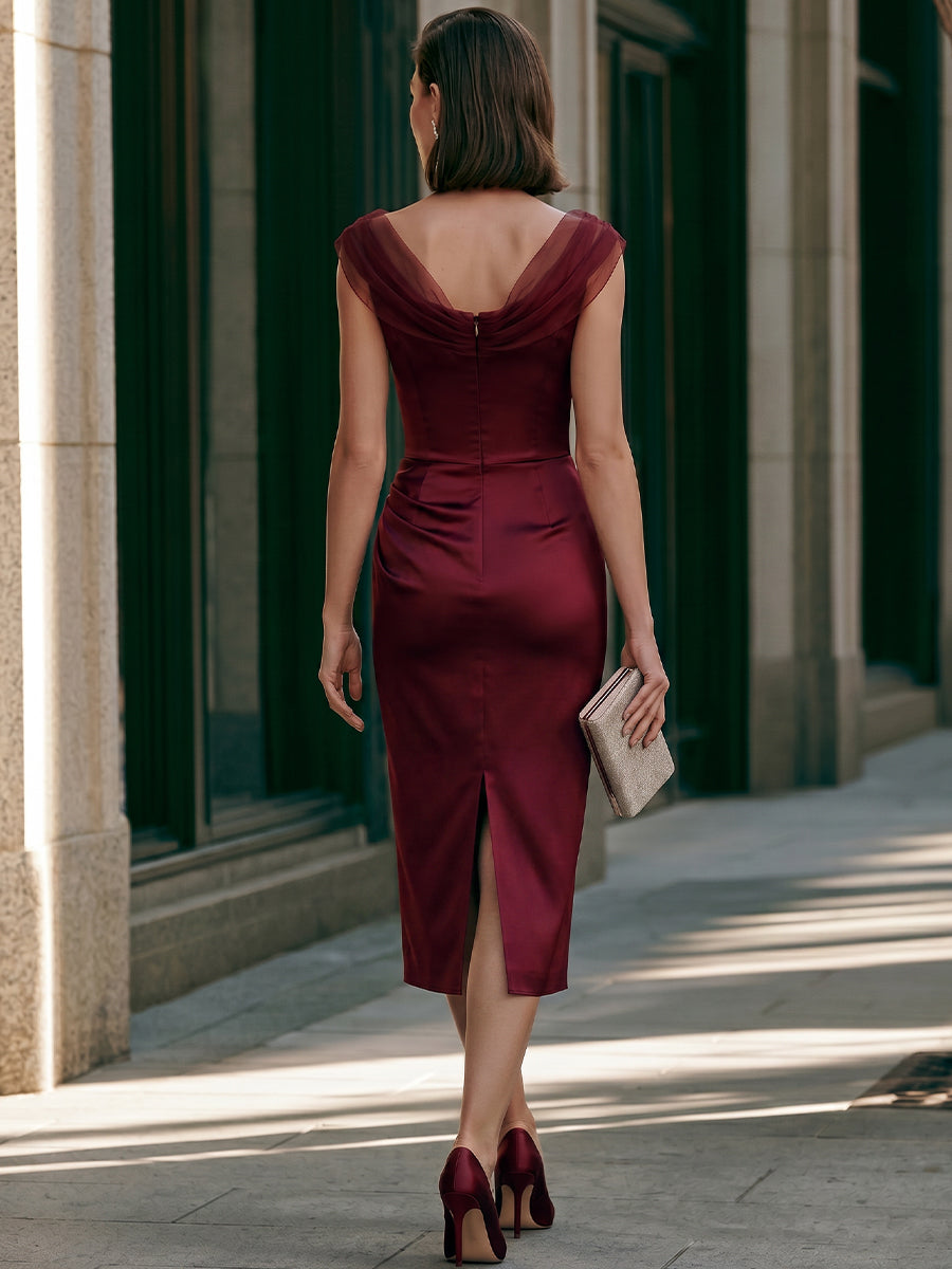Burgundy Satin Midi Dress With Sheer Draped Neckline