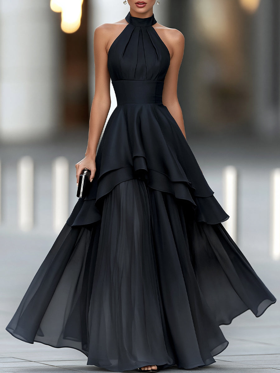 Satin Bodice Chiffon Tiered Evening Gown