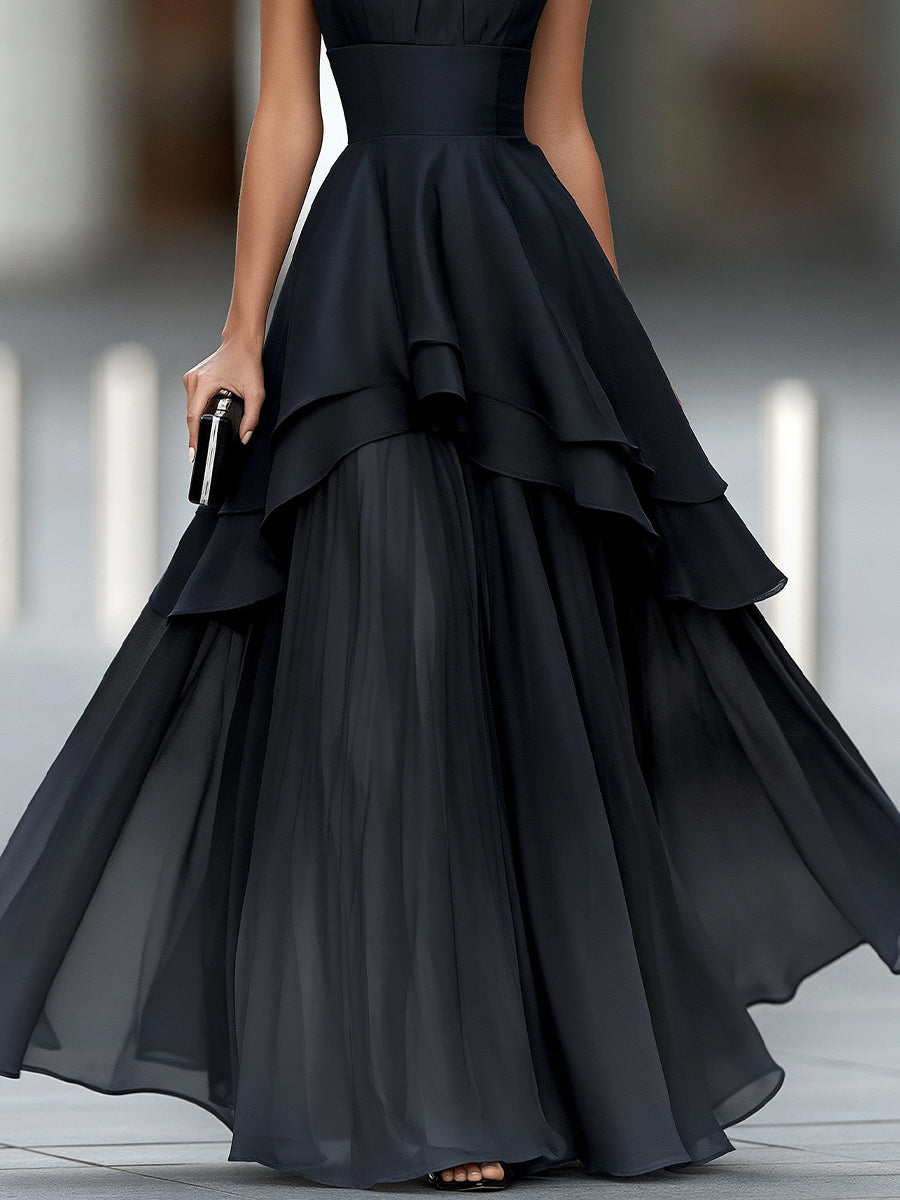 Satin Bodice Chiffon Tiered Evening Gown