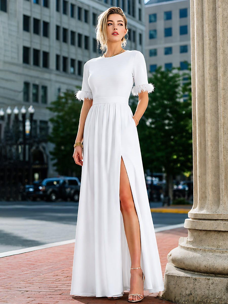 Short Sleeve Feather Trim Slit Maxi Dress