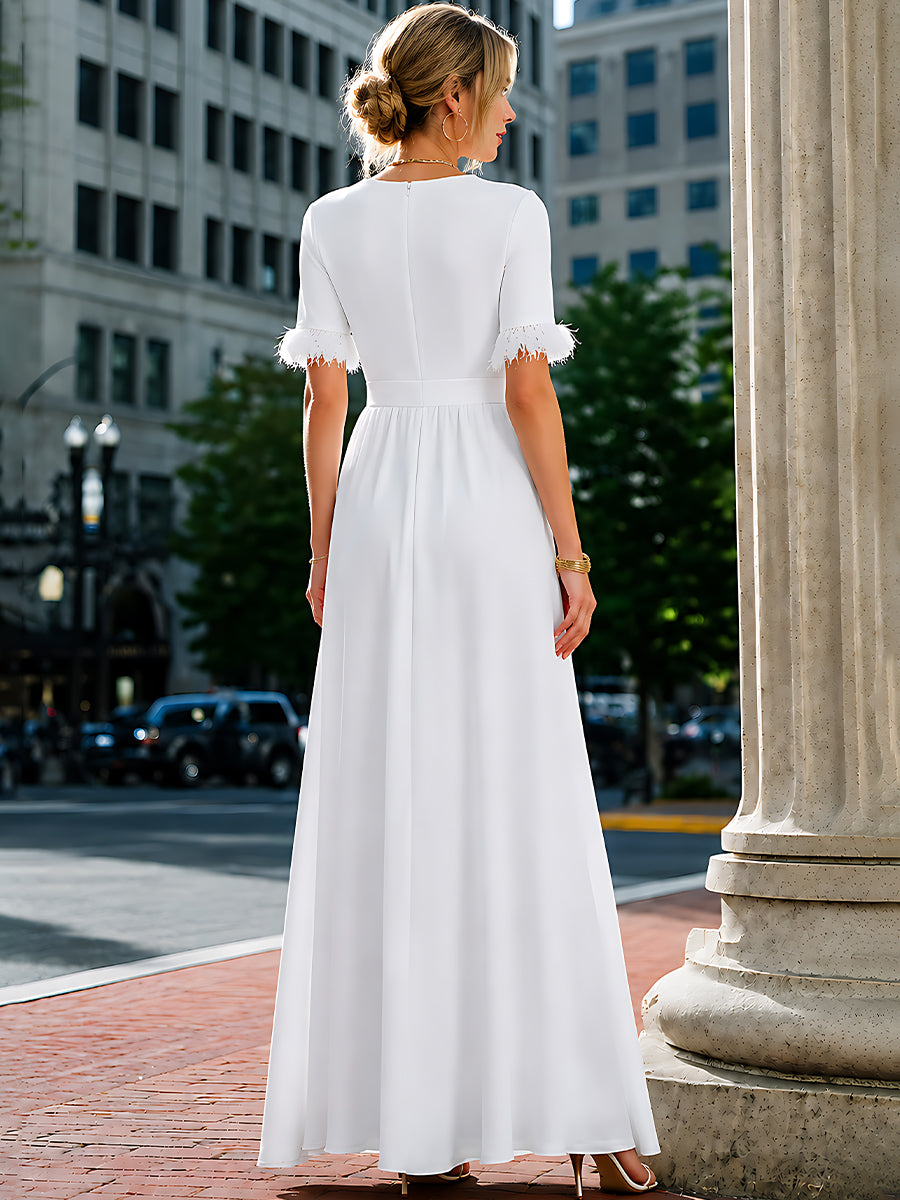 Short Sleeve Feather Trim Slit Maxi Dress