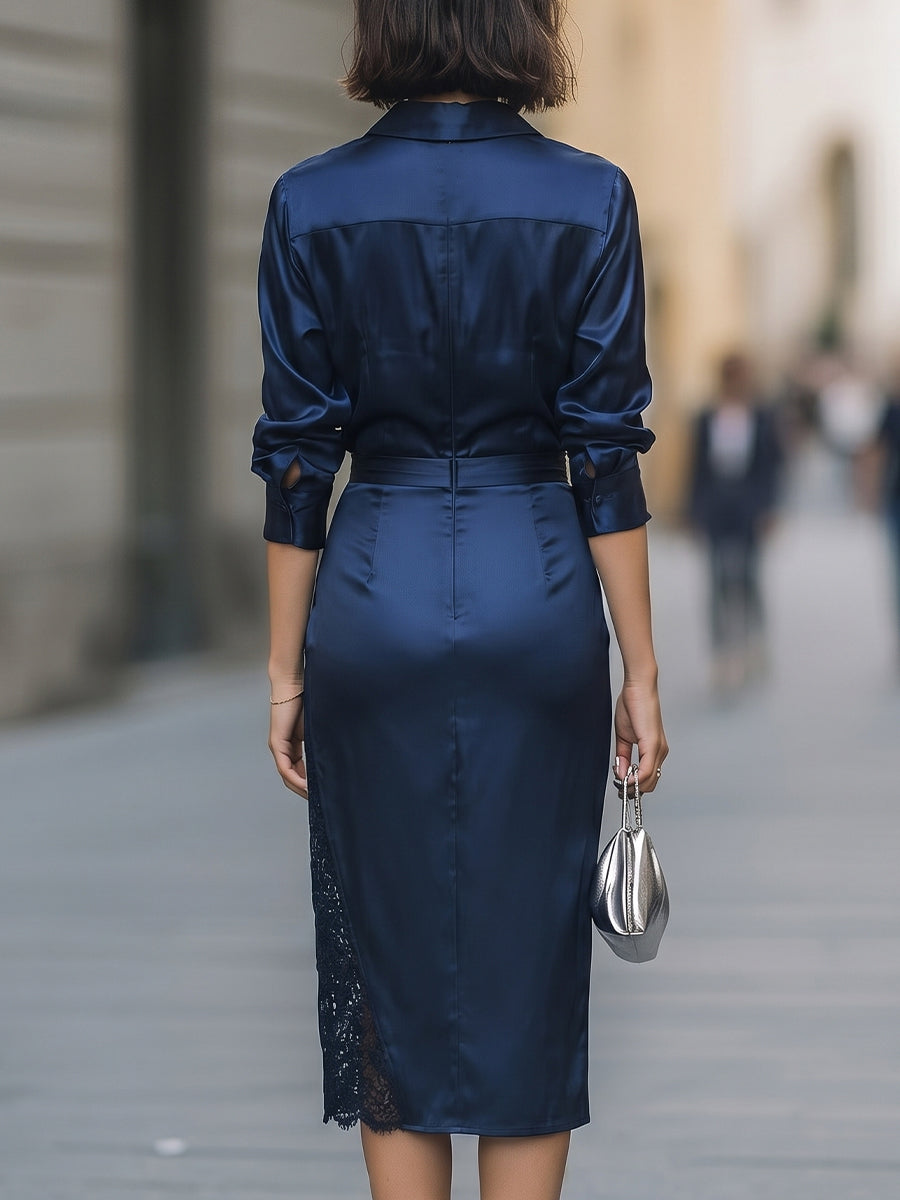Satin Wrap Blouse & Lace-Trim Midi Skirt Set
