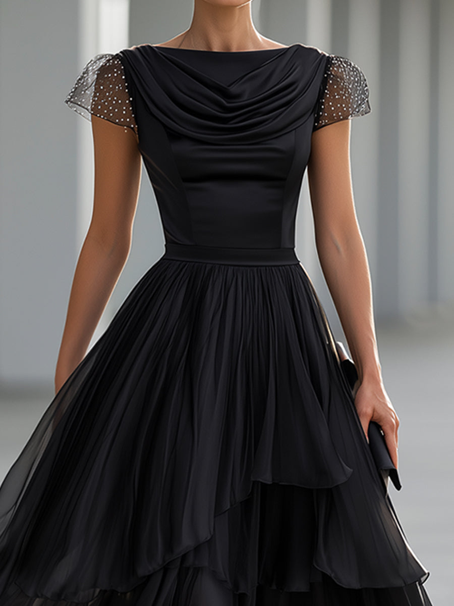 Elegant Formal Cowl Neck Satin Bodice Layered Chiffon Midi Cocktail Dress