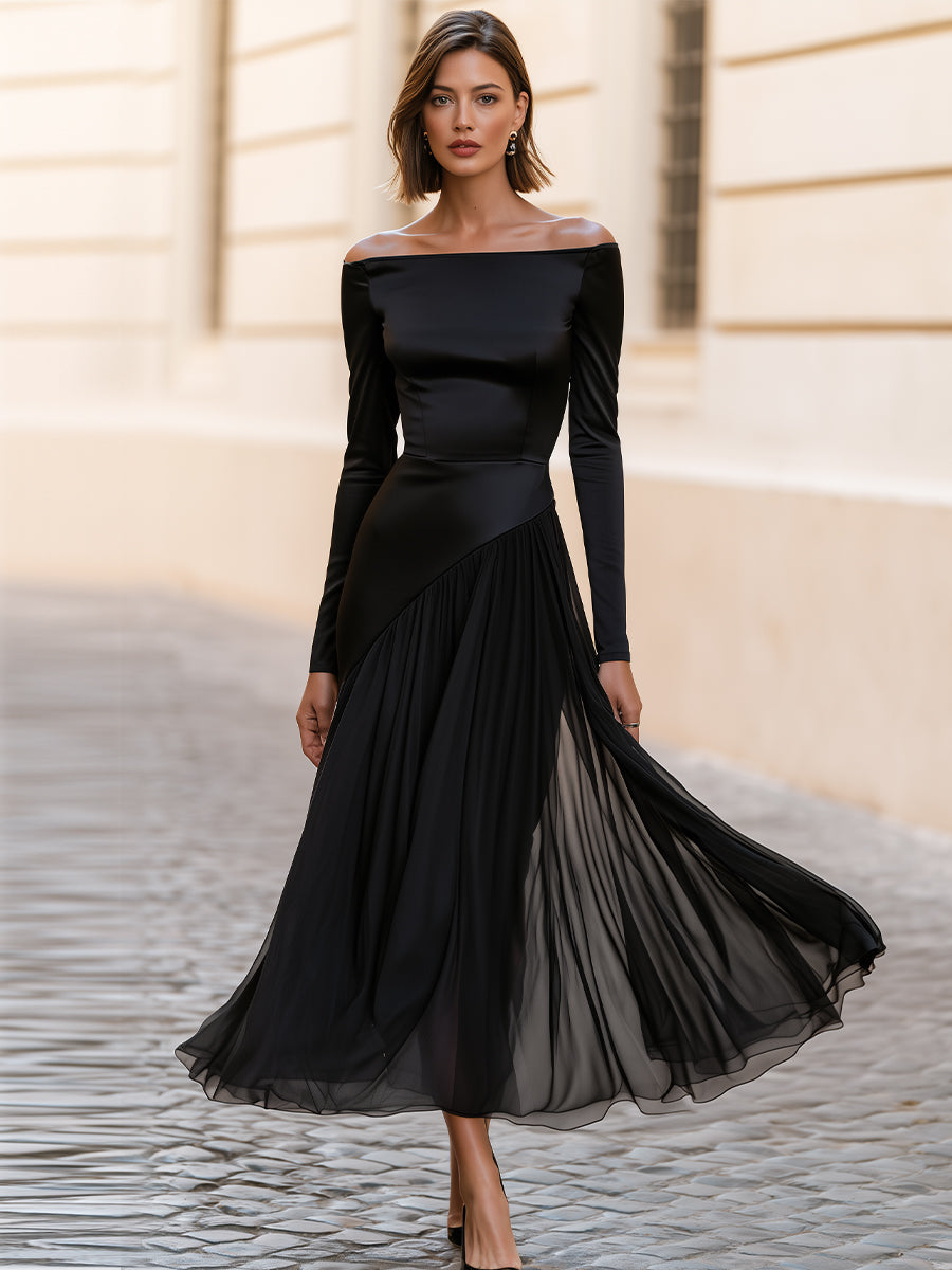 Off Shoulder Long Sleeve Satin Chiffon Maxi Dress