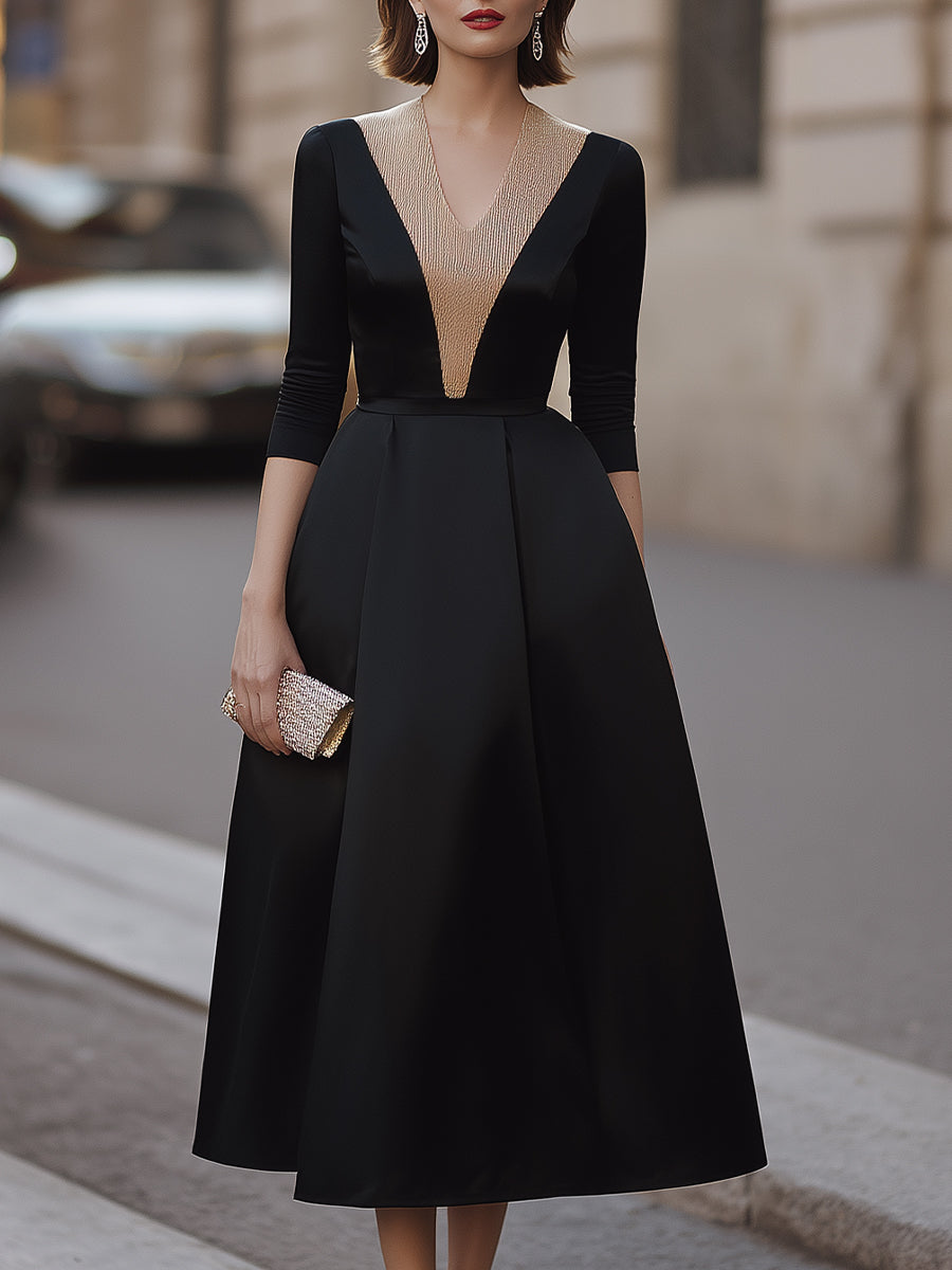 Contrast Gold Glitter V-Neck Three-Quarter Sleeve Full A-Line Midi Dress