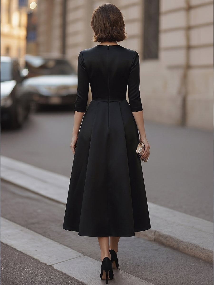 Contrast Gold Glitter V-Neck Three-Quarter Sleeve Full A-Line Midi Dress