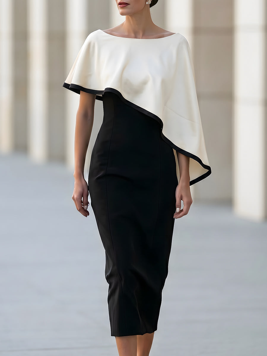 Black Sheath Midi Dress With Asymmetric Cape Overlay In White Contrast Trim