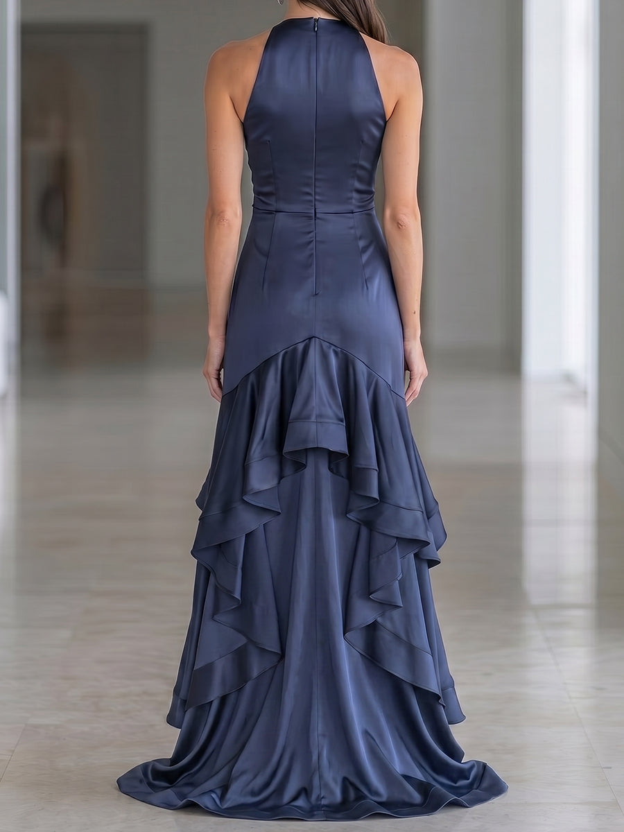 Halter Neck Ruched Satin High-Low Ruffle Gown