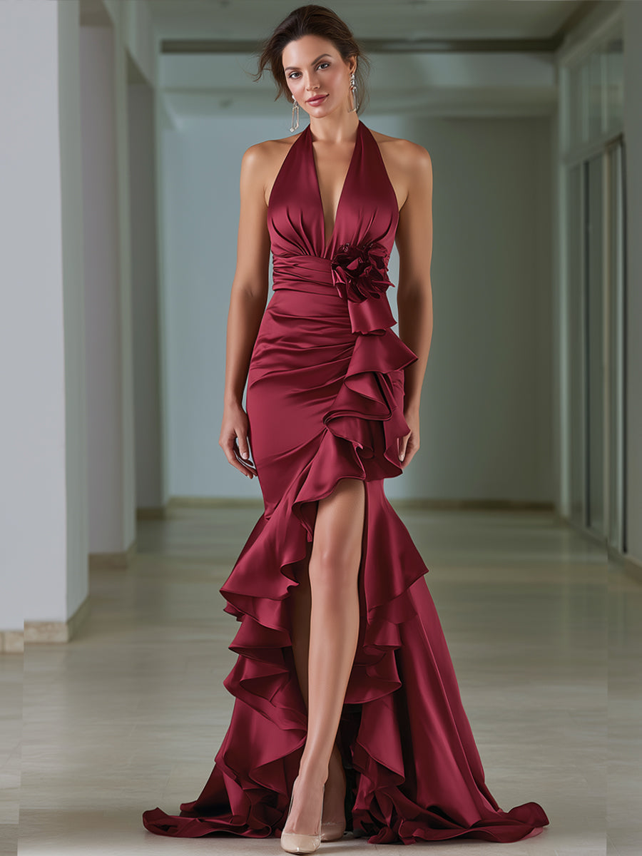 Floral Appliqué Halter Satin Ruffle Mermaid Gown
