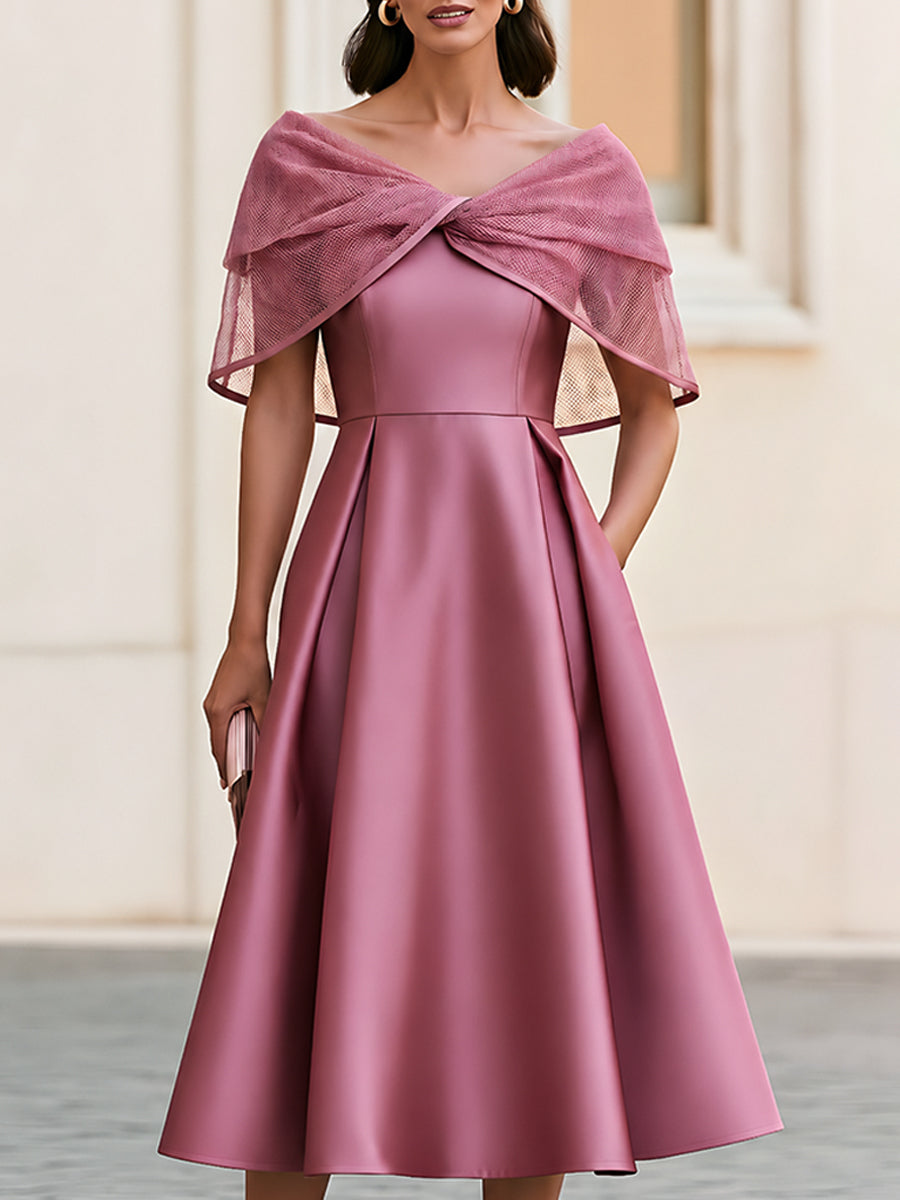 Mesh Cape Off-Shoulder A-Line Midi Dress