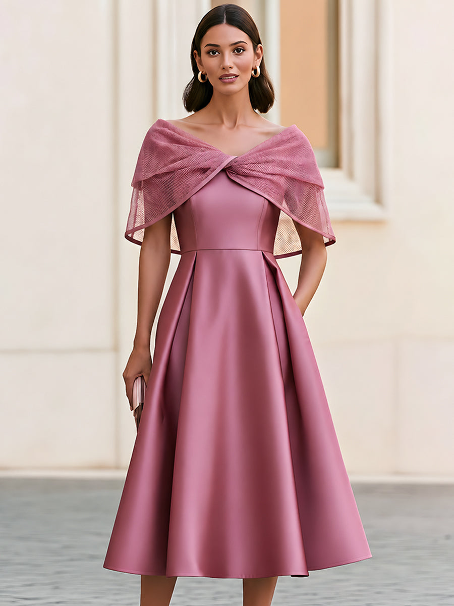 Mesh Cape Off-Shoulder A-Line Midi Dress