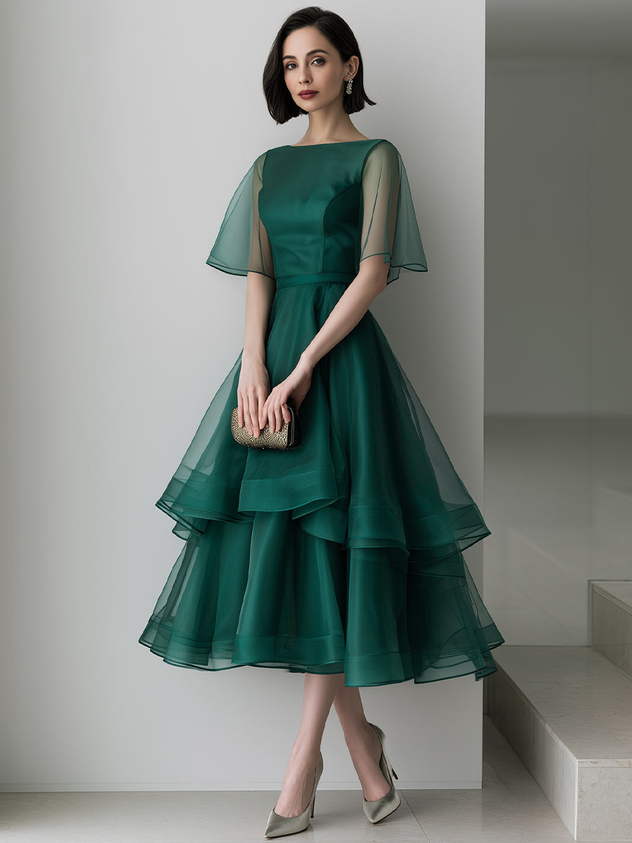 Sheer Cape Sleeve Layered Organza High-Low Midi Dress