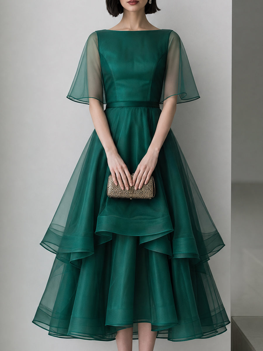 Sheer Cape Sleeve Layered Organza High-Low Midi Dress