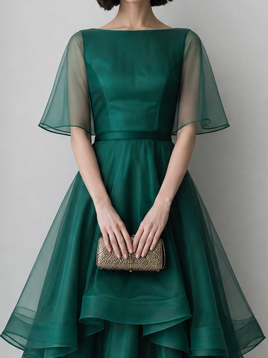Sheer Cape Sleeve Layered Organza High-Low Midi Dress