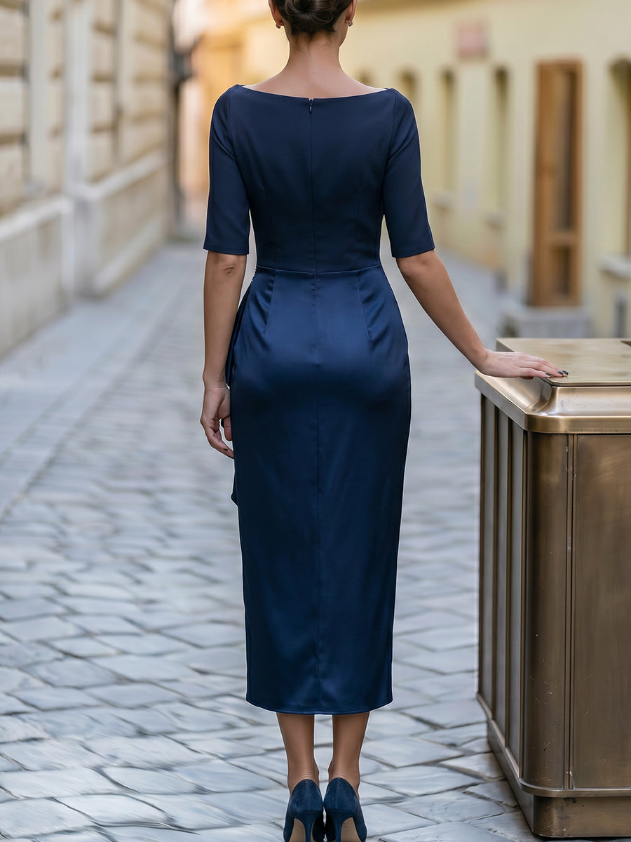 Satin Asymmetric Draped Brooch Detail Midi Dress