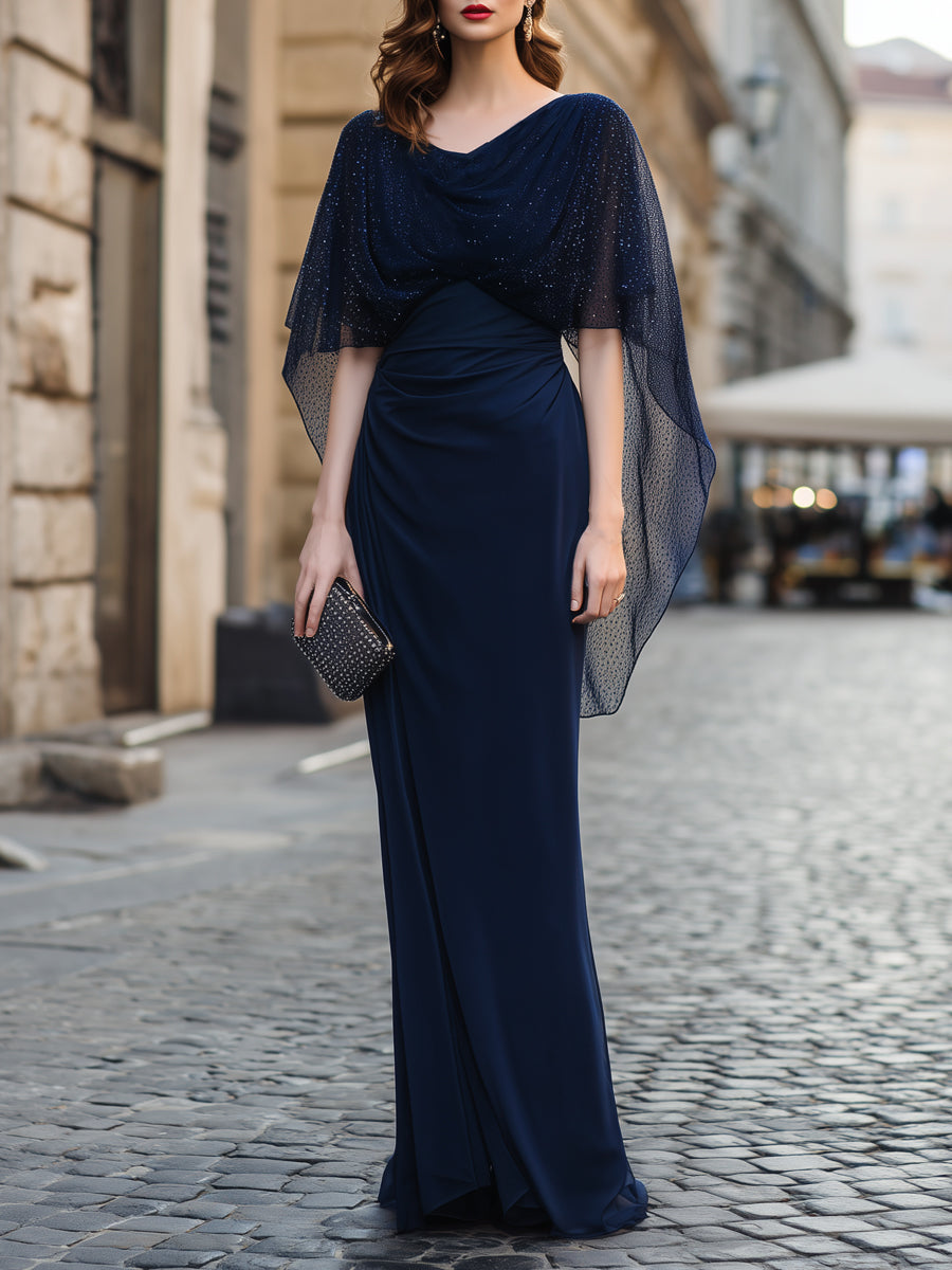 Glitter Mesh Cape Overlay Ruched Column Maxi Dress