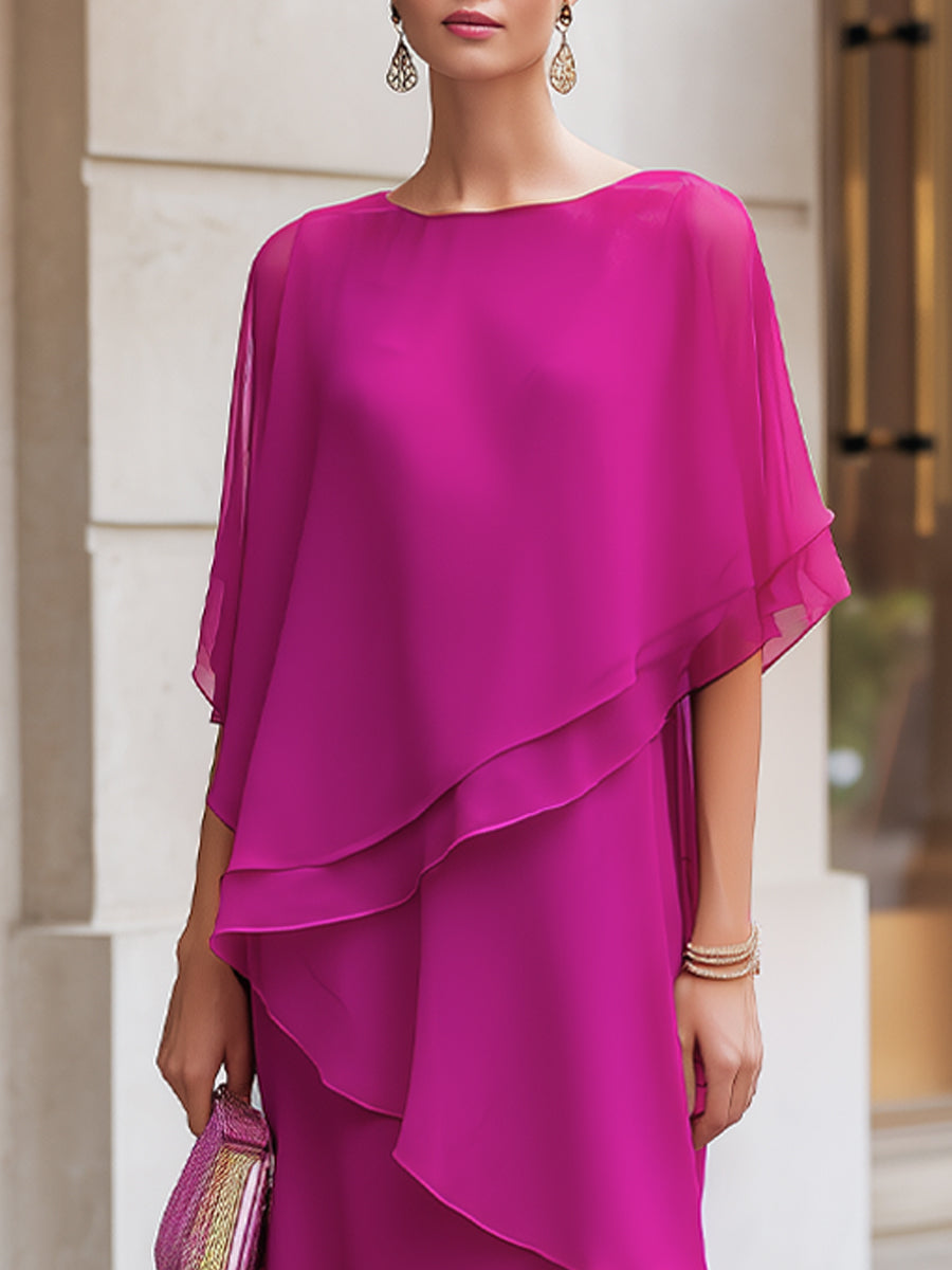 Asymmetric Tiered Chiffon Overlay Cape Maxi Dress
