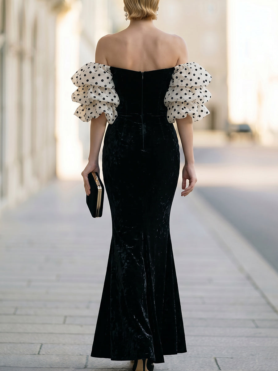 Polka-Dot Puff Sleeve Off-Shoulder Velvet Mermaid Evening Gown