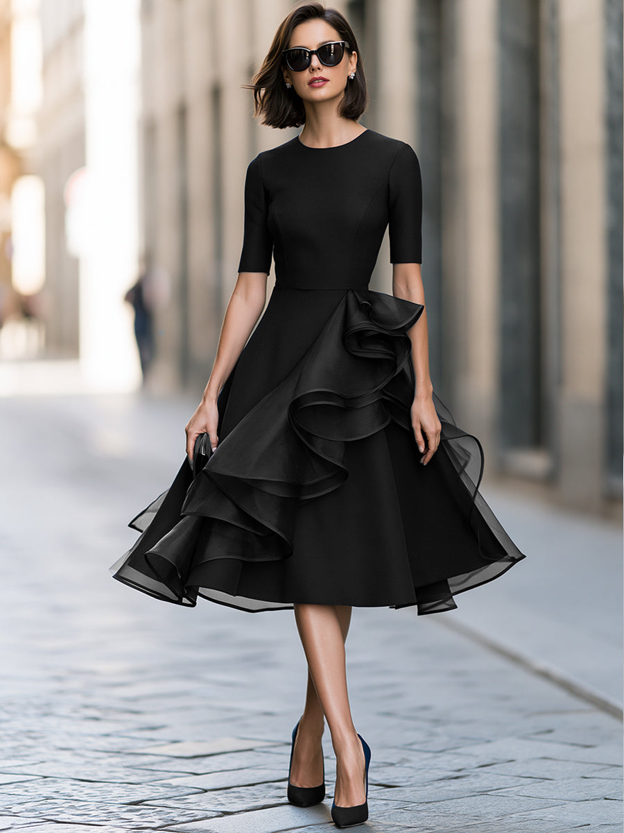 Asymmetrical Ruffle A-Line Midi Dress