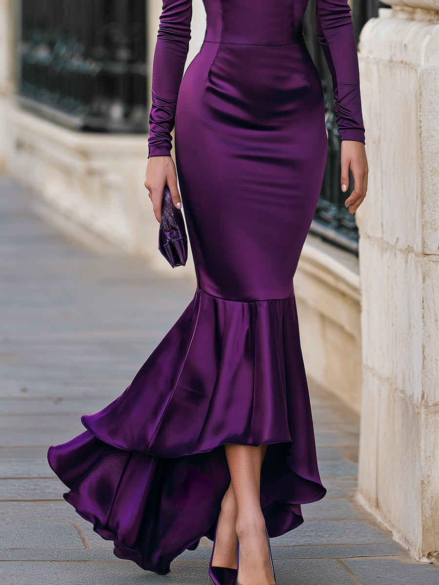 Sheer Yoke Off-Shoulder Satin Mermaid Maxi Dress