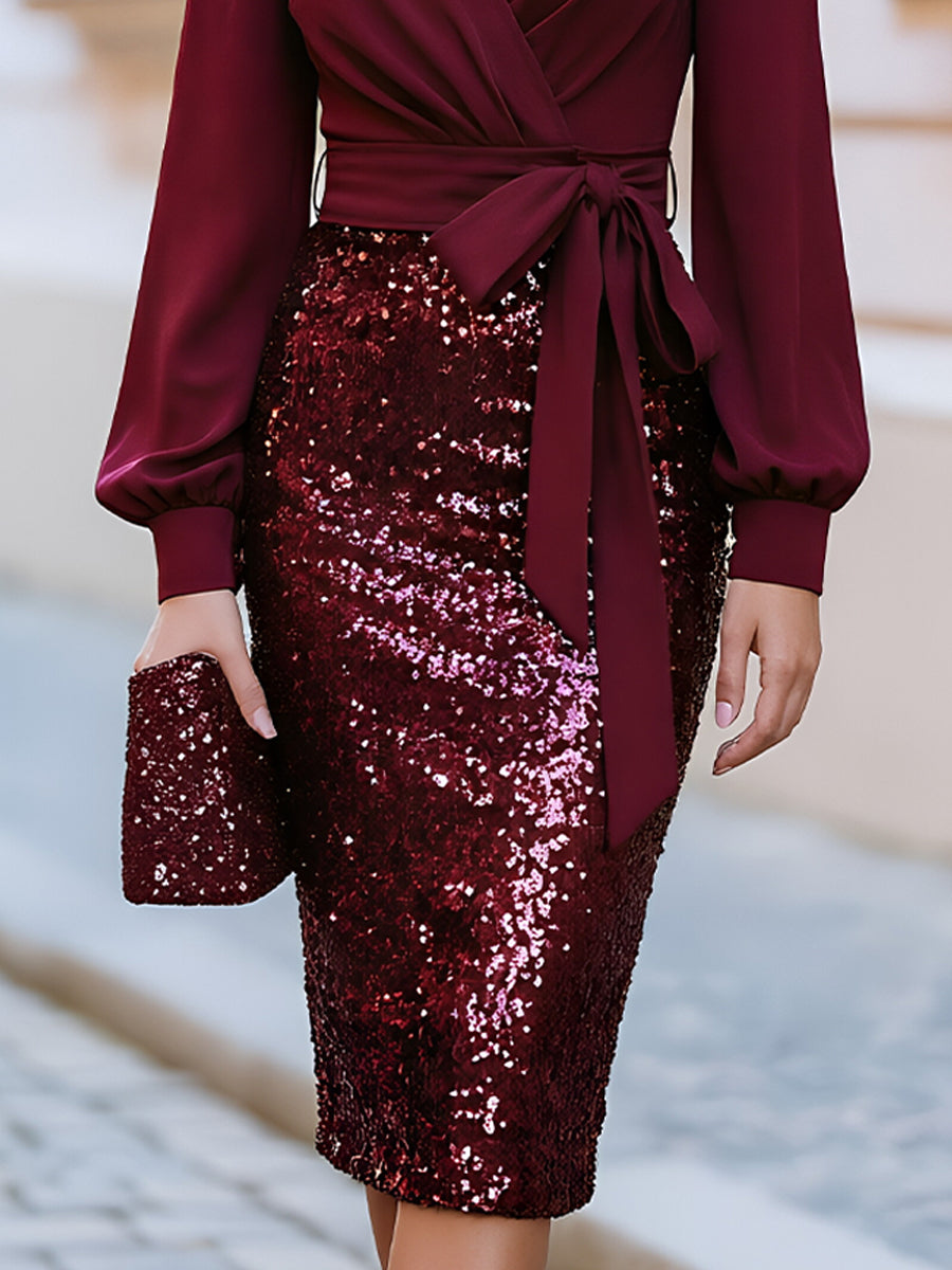 V-Neck Wrap Tie Waist Chiffon Long Sleeve Sequin Midi Pencil Dress