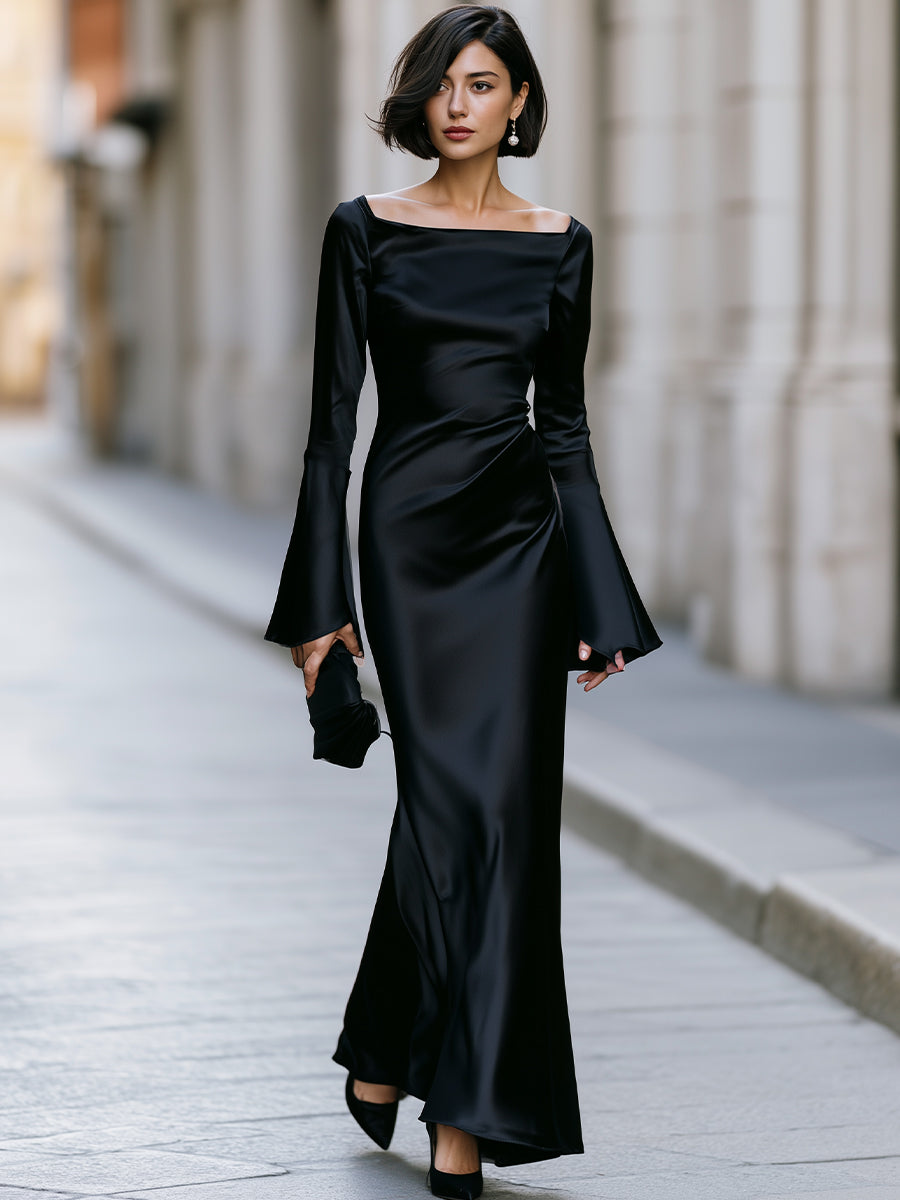 Elegant Black Satin Square Neck Flared Cuff Bodycon Maxi Dress