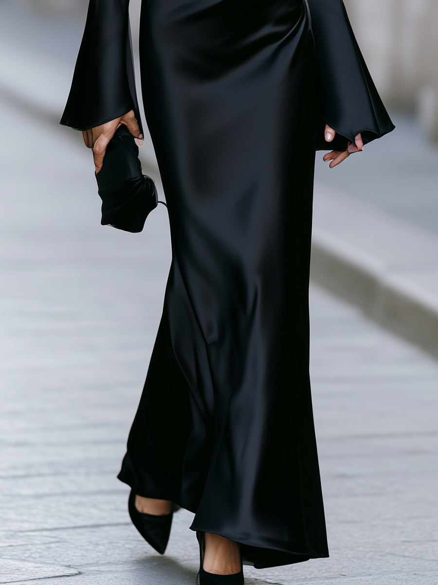 Elegant Black Satin Square Neck Flared Cuff Bodycon Maxi Dress