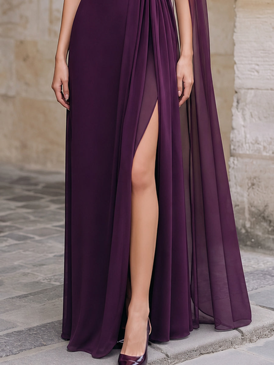One-Shoulder Floral Detail Chiffon Evening Gown