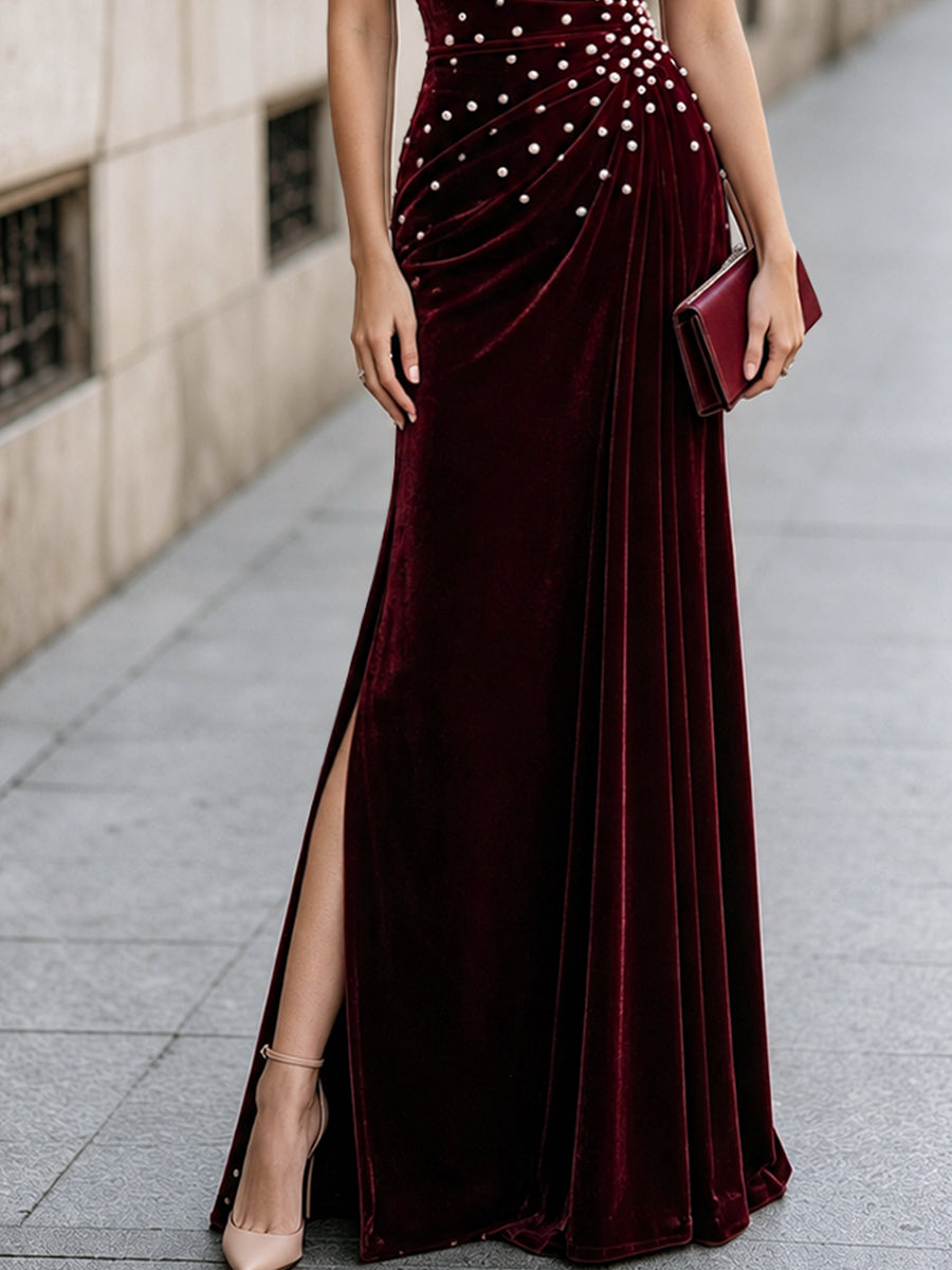 Velvet One-shoulder Pearl-embellished Evening Gown