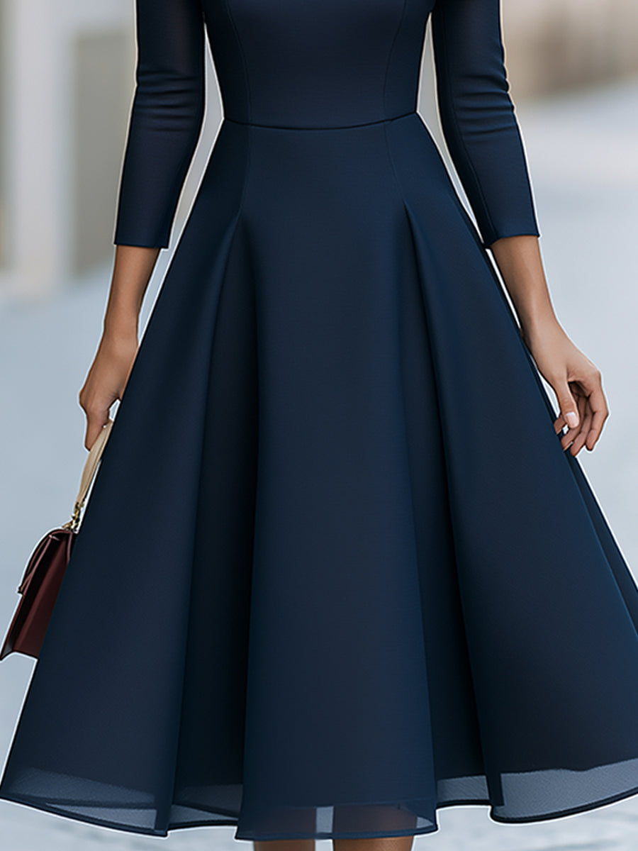 Navy Off-Shoulder Mesh A-Line Midi Dress