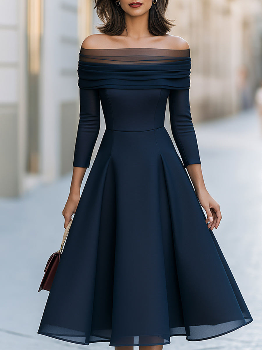Navy Off-Shoulder Mesh A-Line Midi Dress