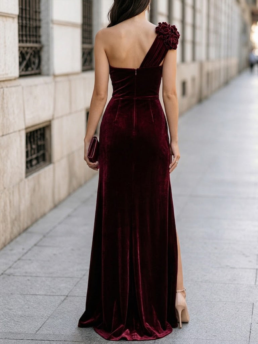 Velvet One-shoulder Pearl-embellished Evening Gown