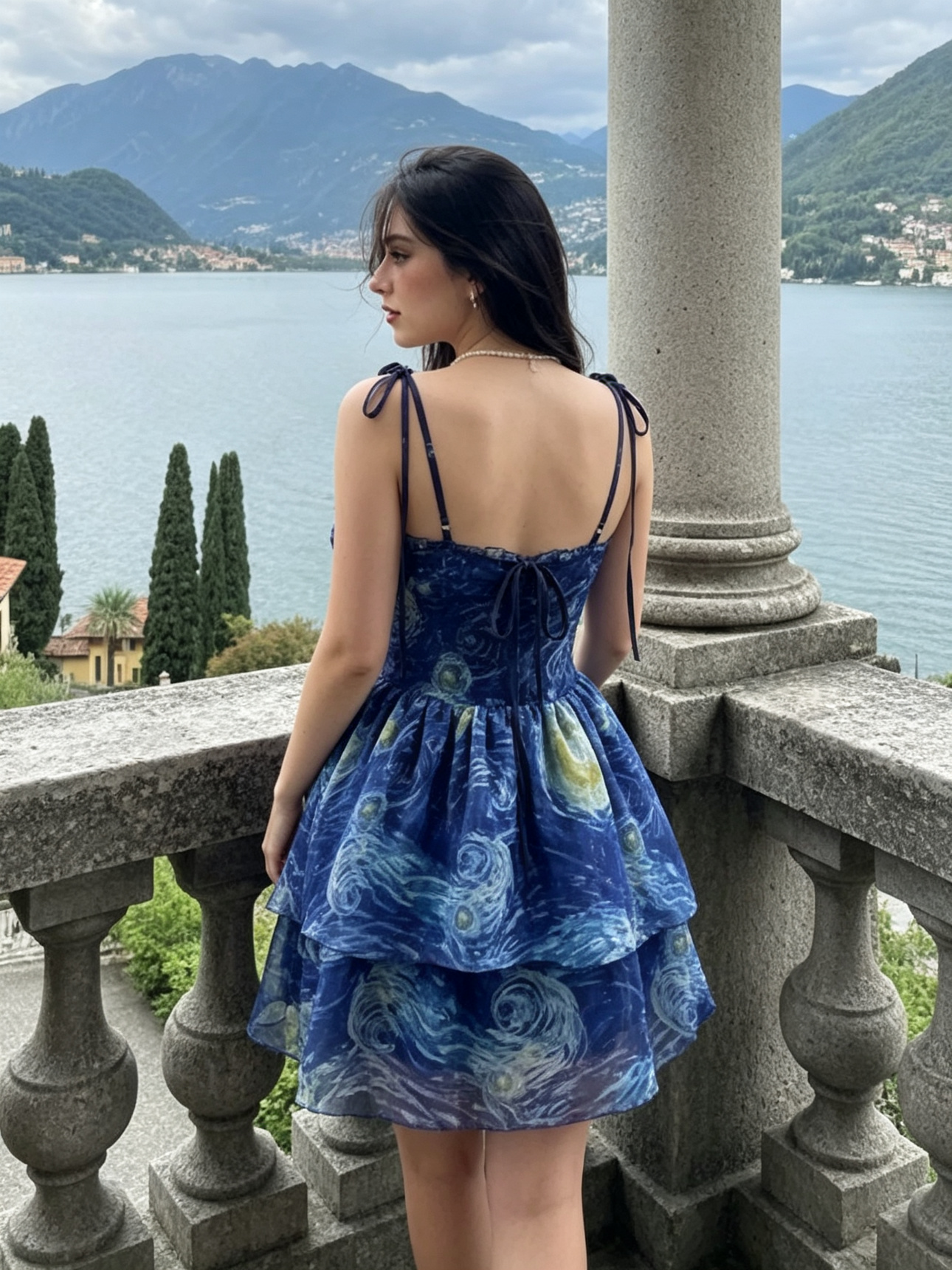 Starry Night Oil Painting Print Tiered Mini Dress Tie Spaghetti Straps