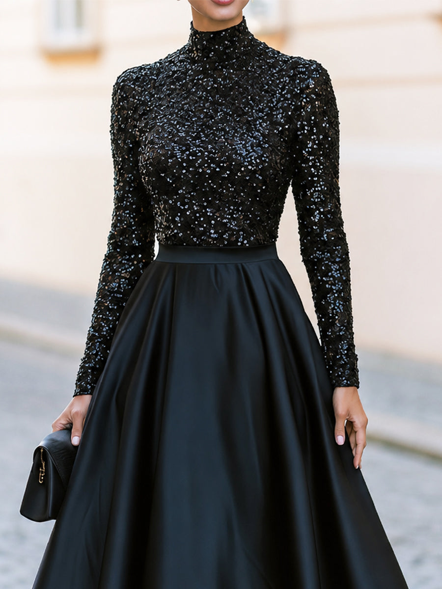 High Neck Sequin Long Sleeve Satin Swing Midi Cocktail Dress