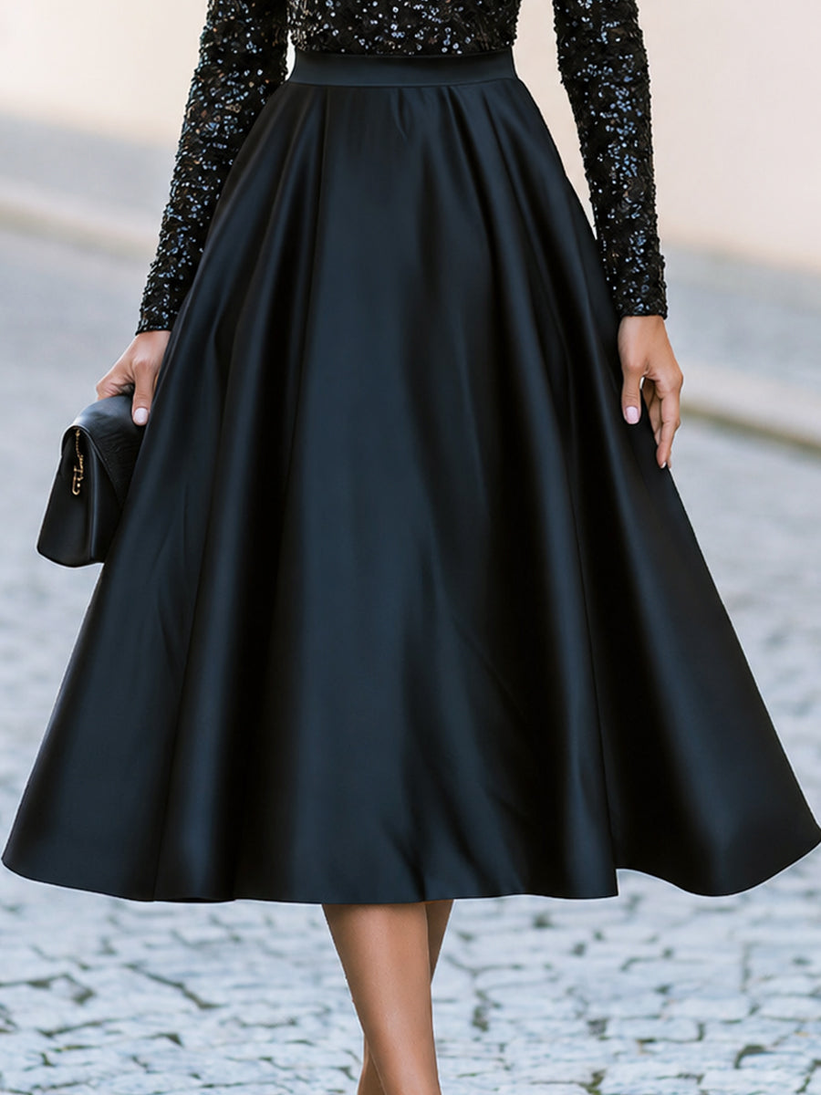 High Neck Sequin Long Sleeve Satin Swing Midi Cocktail Dress