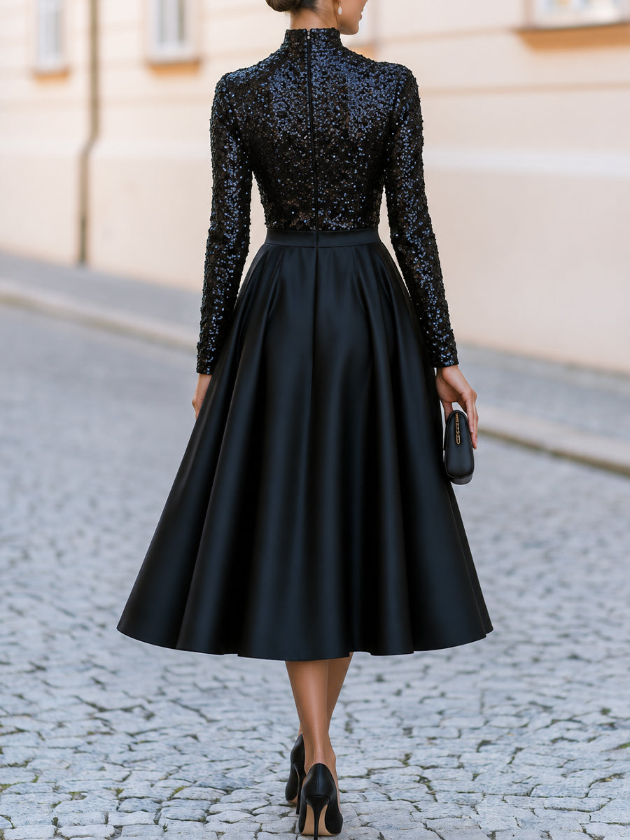 High Neck Sequin Long Sleeve Satin Swing Midi Cocktail Dress