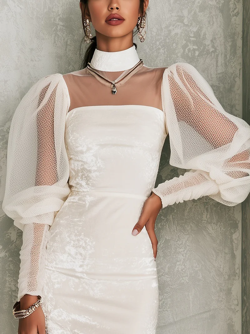 Ivory Velvet Mesh Sleeve Mock Neck Midi Dress