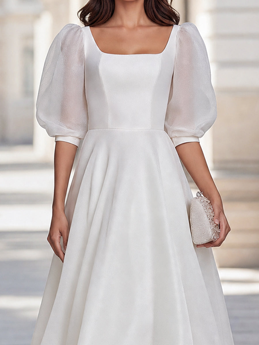 White Puff Sleeve Square Neck A-Line Midi Dress