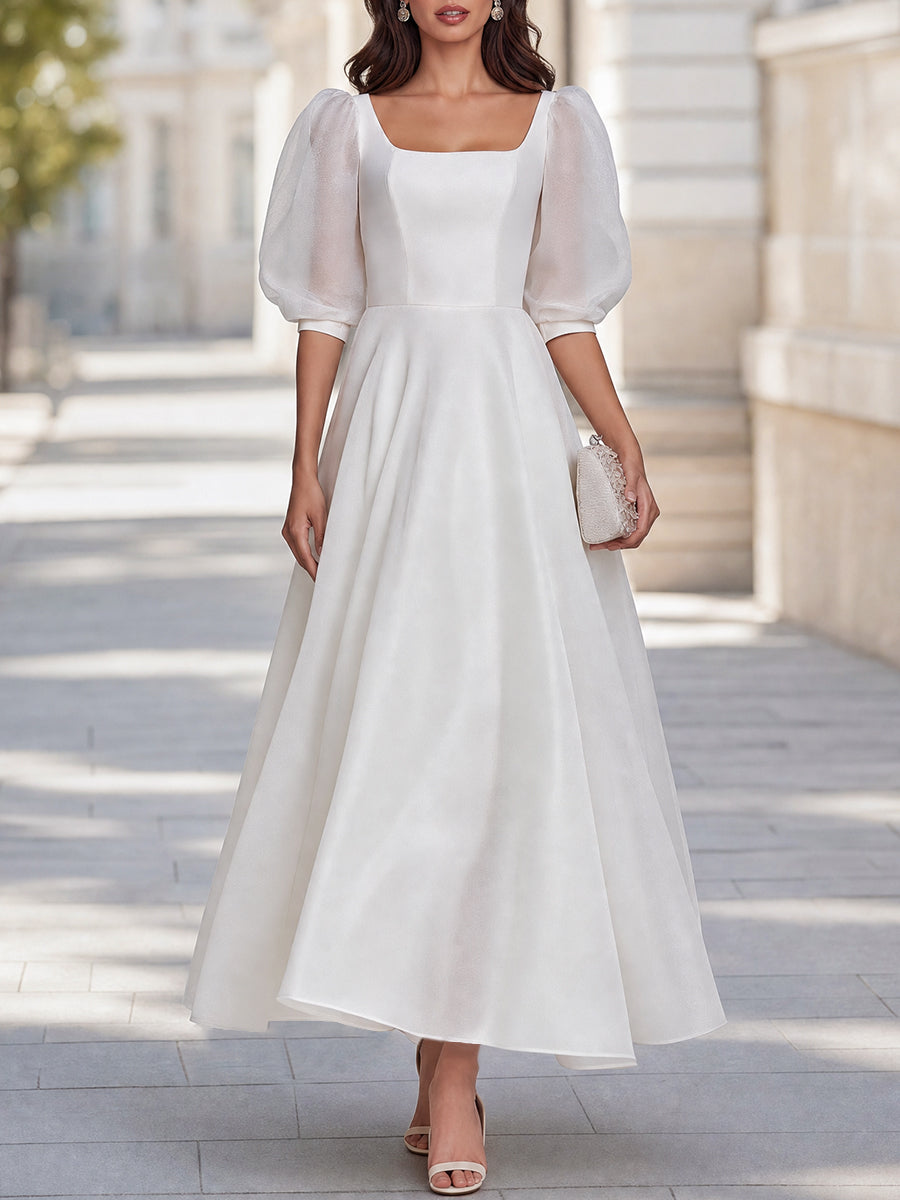 White Puff Sleeve Square Neck A-Line Midi Dress