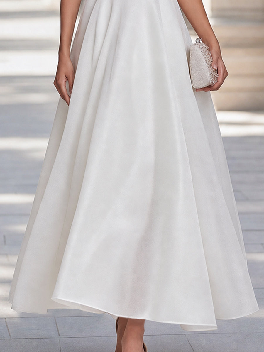 White Puff Sleeve Square Neck A-Line Midi Dress