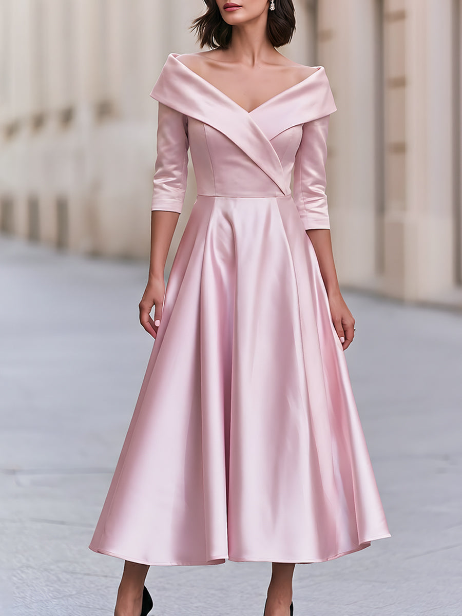 Satin Off-Shoulder A-Line Midi Dress