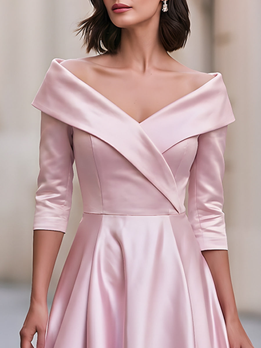 Satin Off-Shoulder A-Line Midi Dress