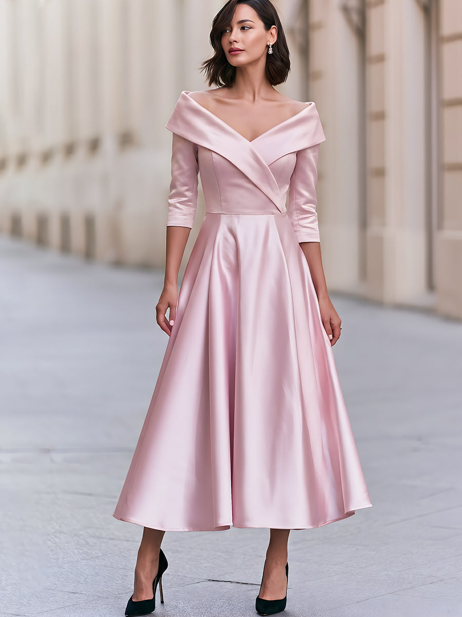 Satin Off-Shoulder A-Line Midi Dress