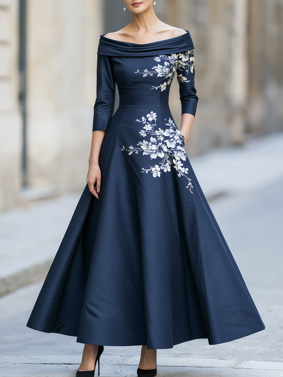 Floral Print Off-Shoulder A-line Midi Dress