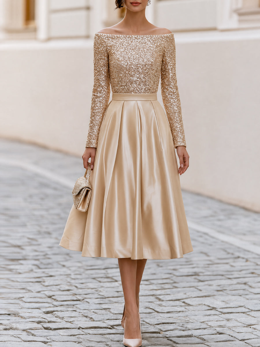 Off Shoulder Sequin Long Sleeve Satin Pleated Midi A-Line Cocktail Dress