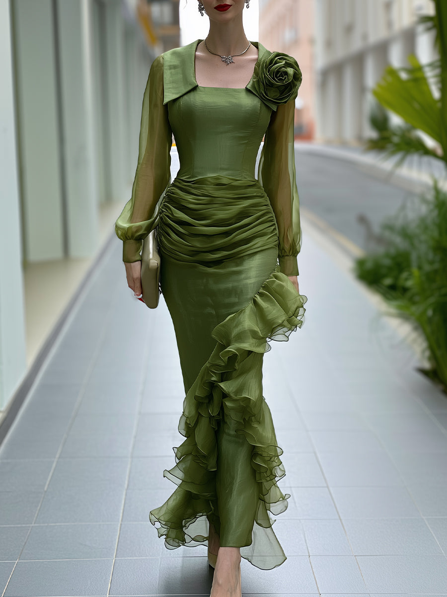 Floral Ruched Ruffle Maxi Dress