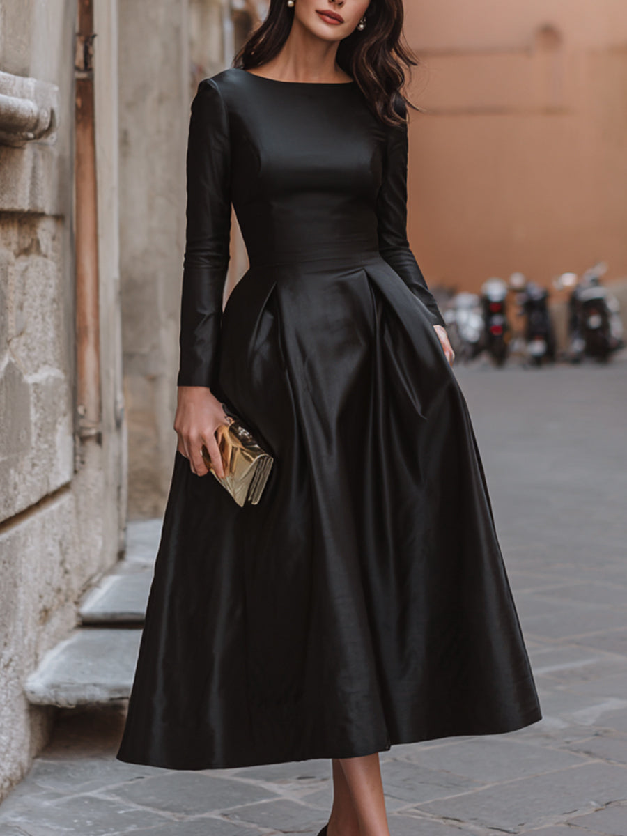 Elegant Long Sleeve Boat Neck A-Line Maxi Dress