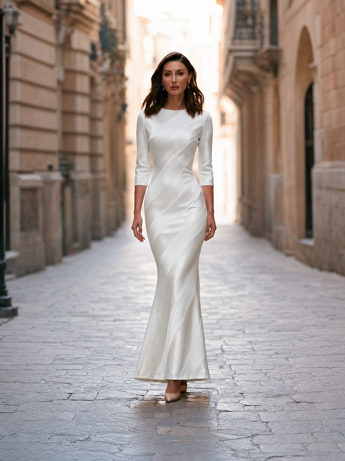 Elegant White Textured Long Sleeve Maxi Dress