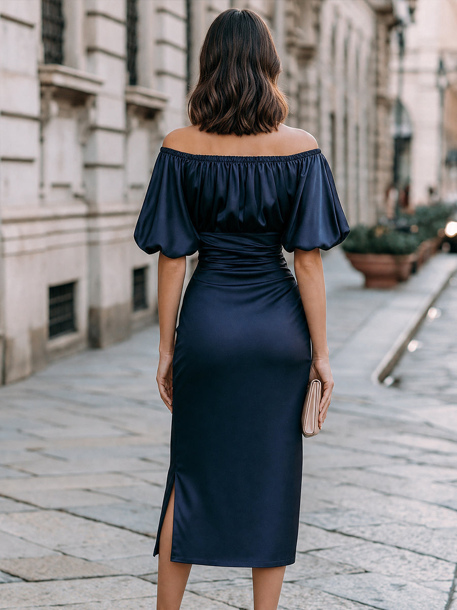 Off-Shoulder Puff-Sleeve Ruched Midi Dress With Side Slit